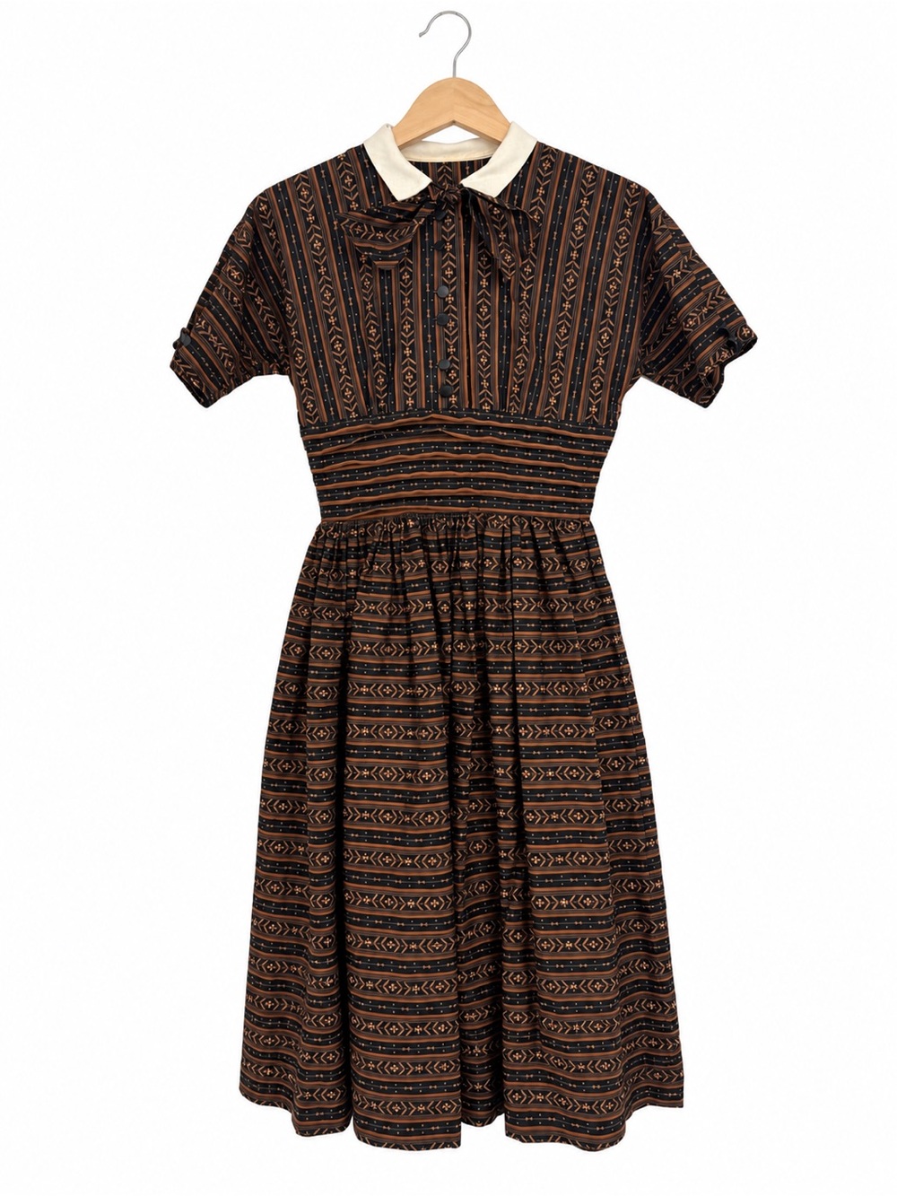 Vintage Carol Rodgers Brown Black Floral Stripe Collared Midi Dress Cottage XS